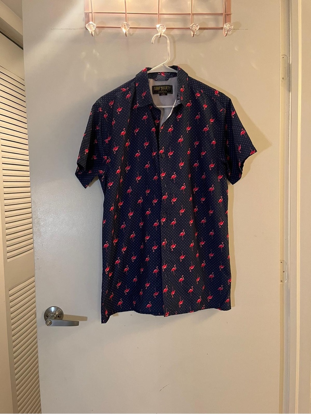 Society Navy Short-Sleeve Button-Down Shirt with Pink Flamingo Print